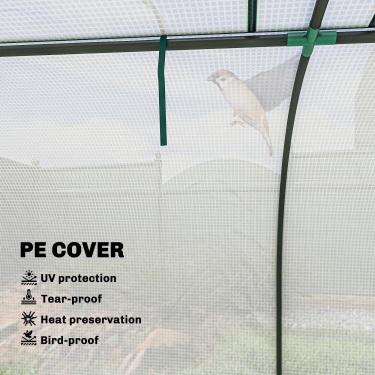 PE cover close-up on a mini greenhouse door panel with arched window frame