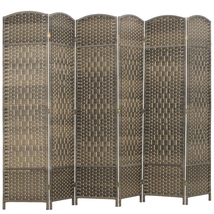 6-panel folding room divider screen in woven dark rustic oak finish, arched panels
