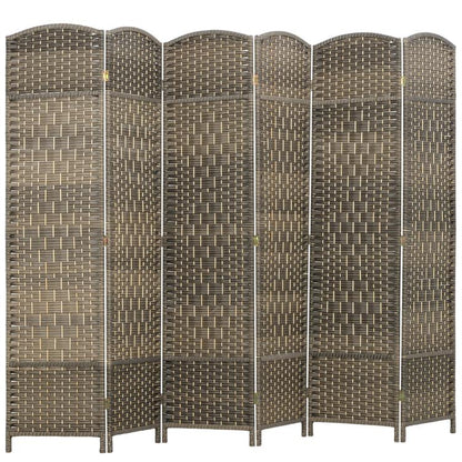 6-panel folding room divider screen in woven dark rustic oak finish, arched panels