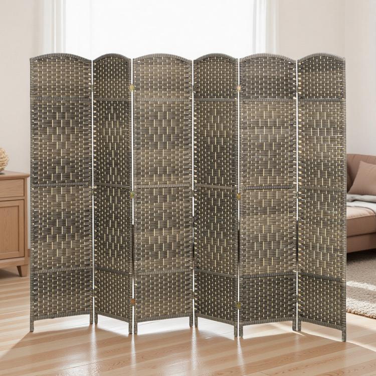 6-panel folding room divider privacy screen, dark woven rattan, freestanding stand