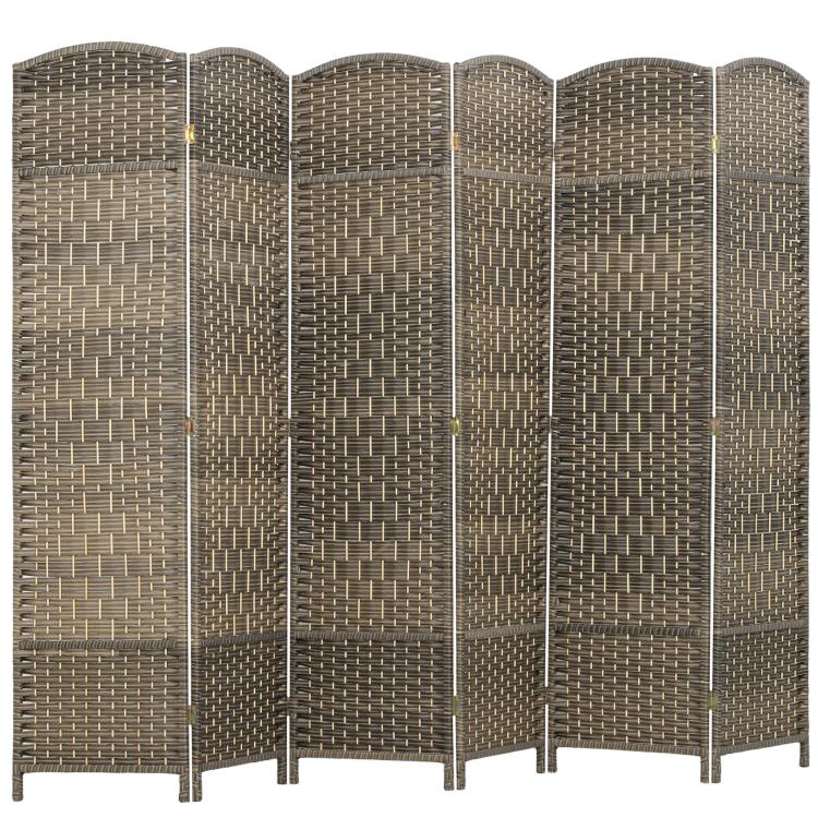 6-panel folding privacy screen with arched tops, dark woven rattan, front view