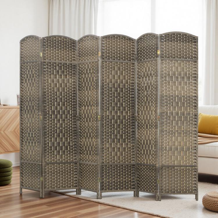 Six-panel folding room divider with woven dark rustic oak panels and arched upper edges