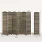 6-panel privacy screen dimensions shown; woven dark rustic oak panels with arched tops