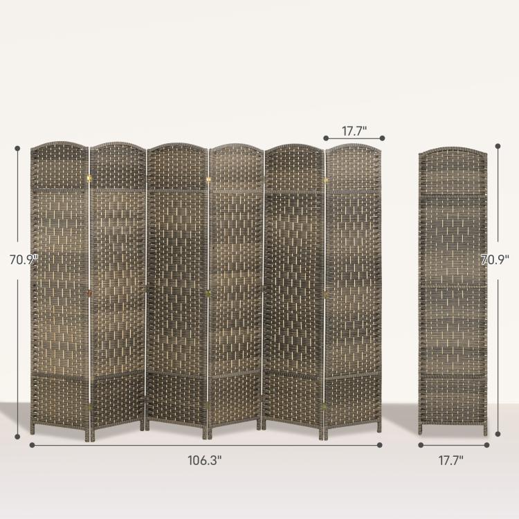 6-panel privacy screen dimensions shown; woven dark rustic oak panels with arched tops