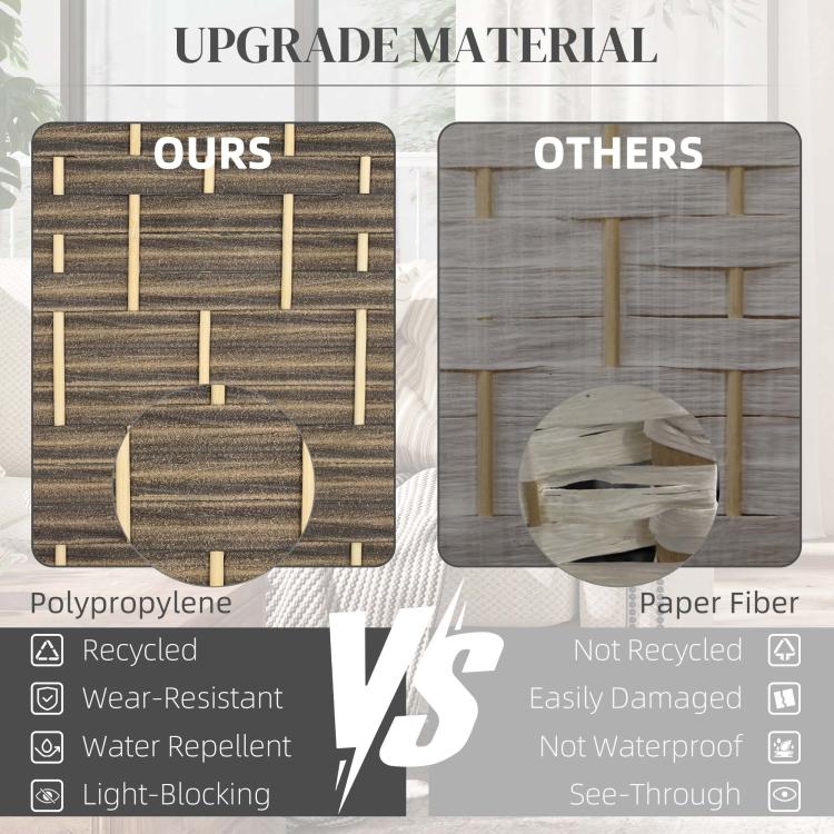 Woven folding room divider material comparison graphic with dark rustic oak style panels