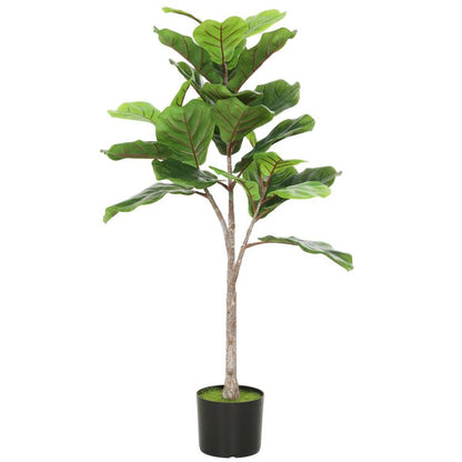 Artificial fiddle-leaf fig tree with green leaves in dark round pot
