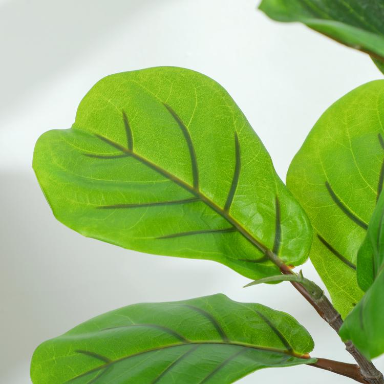 Artificial fiddle leaf fig plant leaf cluster, vivid green with faux veins on brown stem