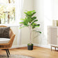 Artificial fiddle-leaf fig tree with green leaves and dark planter pot