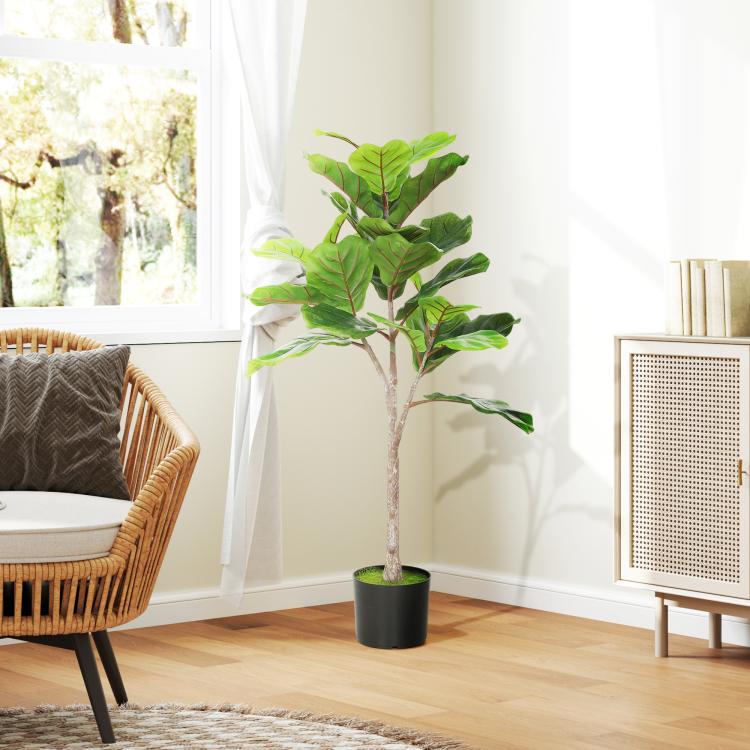 Artificial fiddle-leaf fig tree with green leaves and dark planter pot