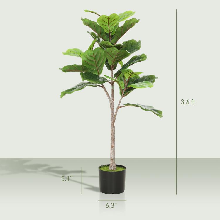 Artificial fiddle-leaf fig tree with green leaves in dark round pot