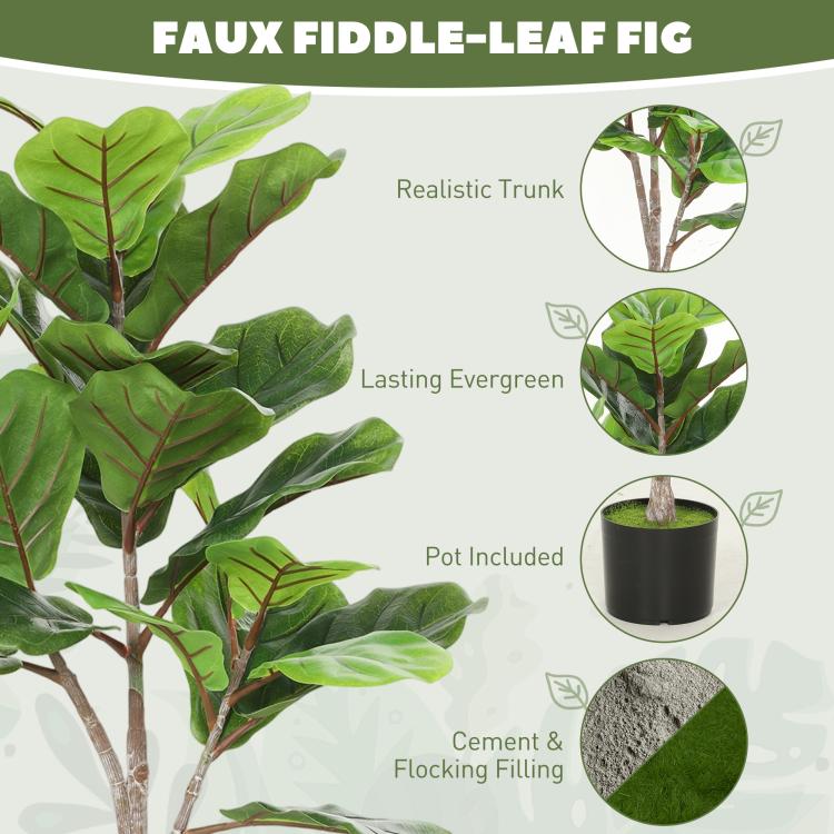 Artificial fiddle-leaf fig tree with green leaves in dark pot, flocked green base