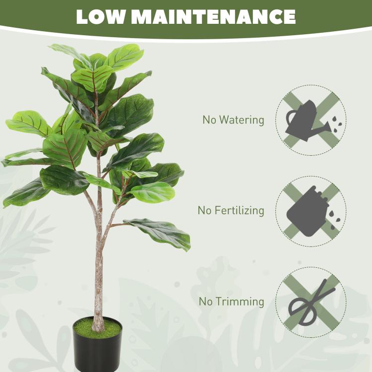 Artificial fiddle-leaf fig tree with green leaves in dark pot, faux evergreen