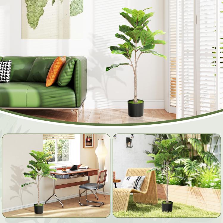 Artificial fiddle-leaf fig tree with green leaves in dark planter pot