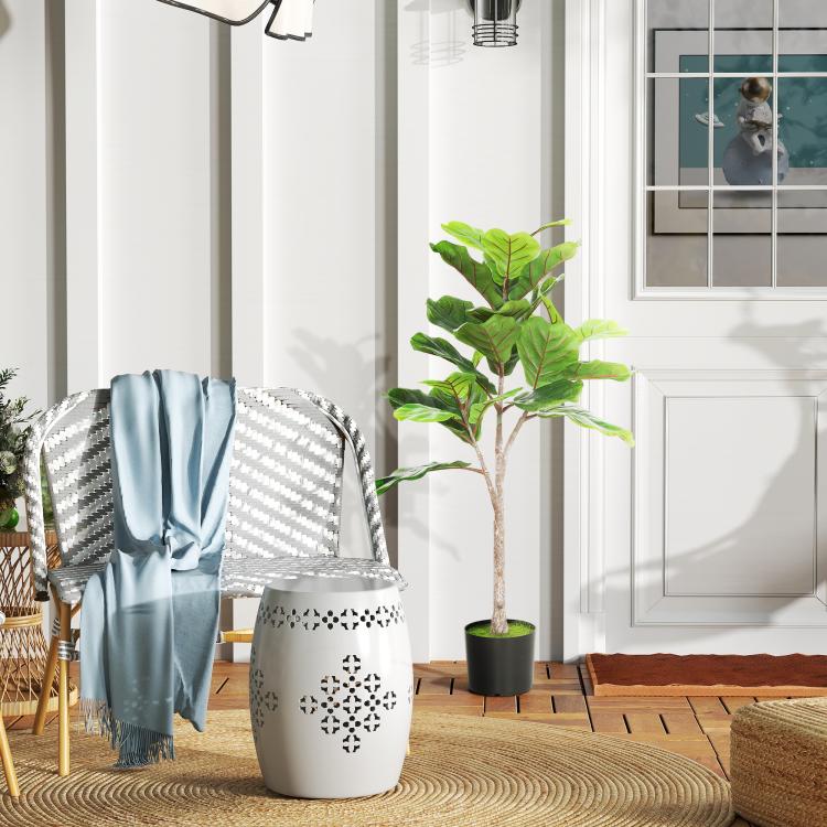 Artificial fiddle-leaf fig tree with green leaves in dark round pot, tall trunk