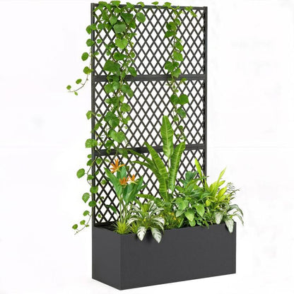 Black metal raised planter with diamond lattice trellis and climbing vines