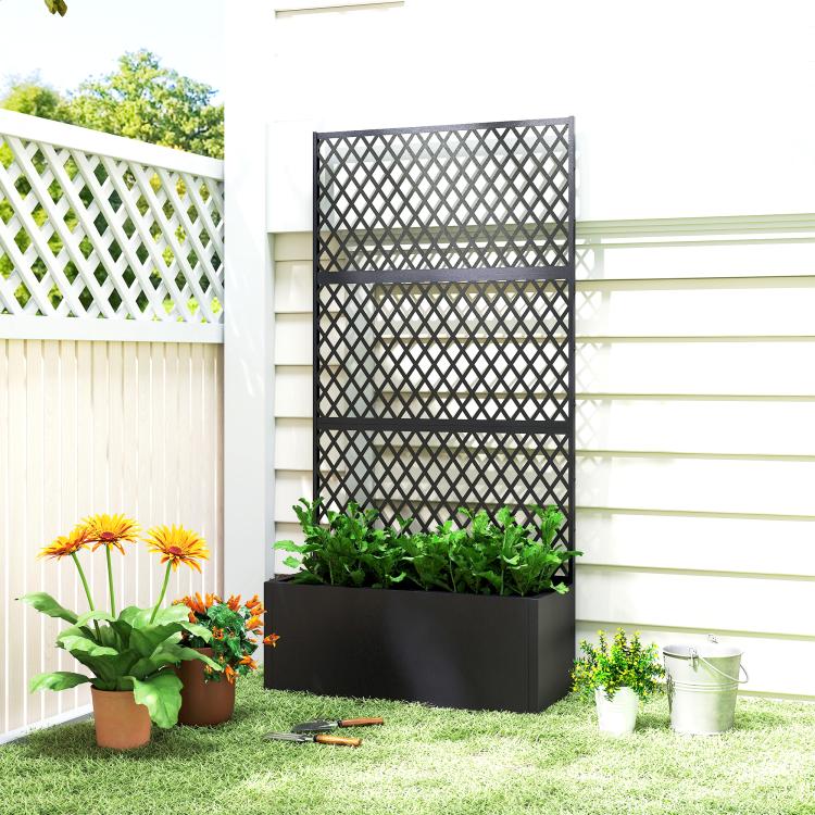 Dark metal raised garden bed planter with diamond lattice trellis and planter box
