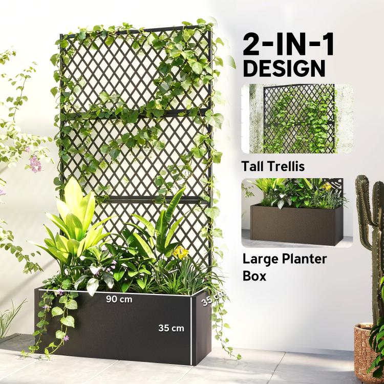2-in-1 metal planter with tall diamond lattice trellis and large planting box