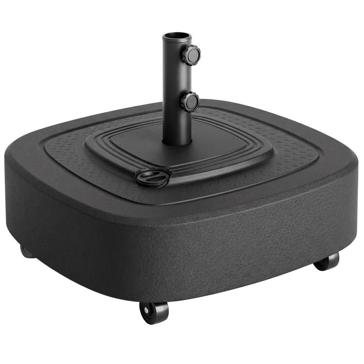 Black umbrella base stand with wheels and central pole holder, textured finish