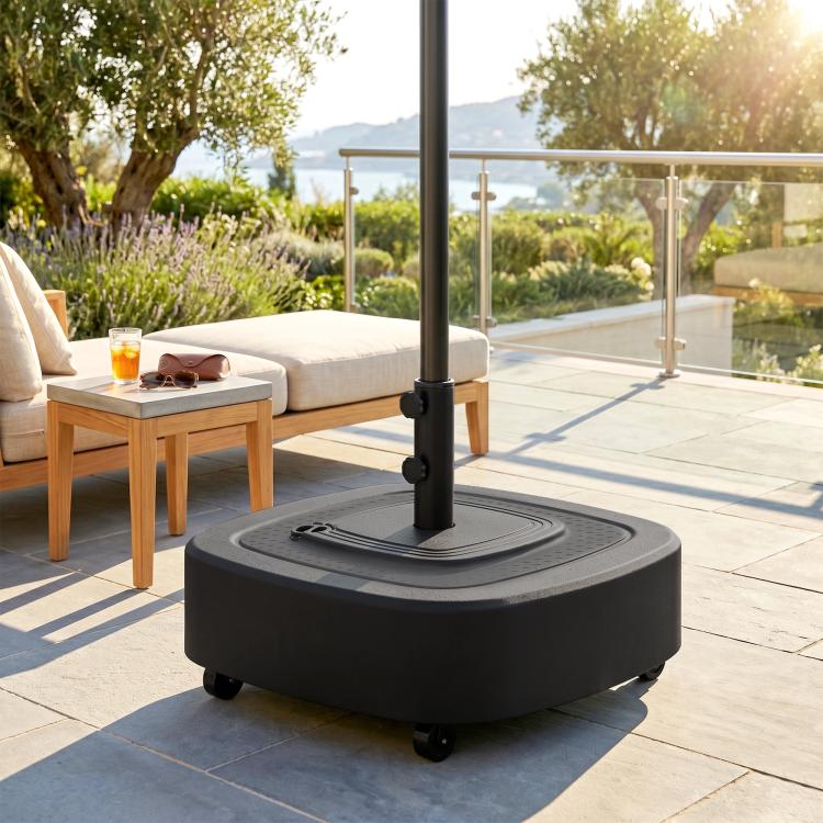 Outdoor umbrella stand base with center pole mount and rolling wheels, dark gray