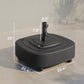Textured black umbrella base with wheels and pole holder; footprint about 22.4 in
