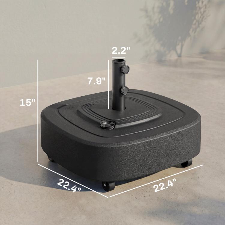 Textured black umbrella base with wheels and pole holder; footprint about 22.4 in