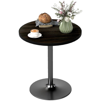 Round black wood-grain pedestal dining table, round top and central metal base