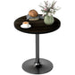 Round black wood-grain pedestal dining table with central metal column and base