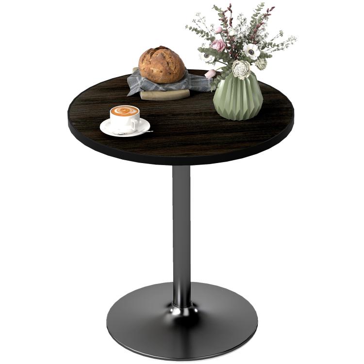 Round black wood-grain pedestal dining table with central metal column and base