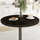 Round dining table with dark wood-grain top and black pedestal base