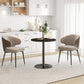 Small round black wood-grain dining table with pedestal base and two beige chairs