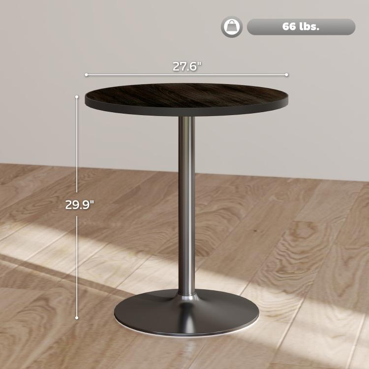 Round black wood-grain table with central pedestal base, size dimensions shown