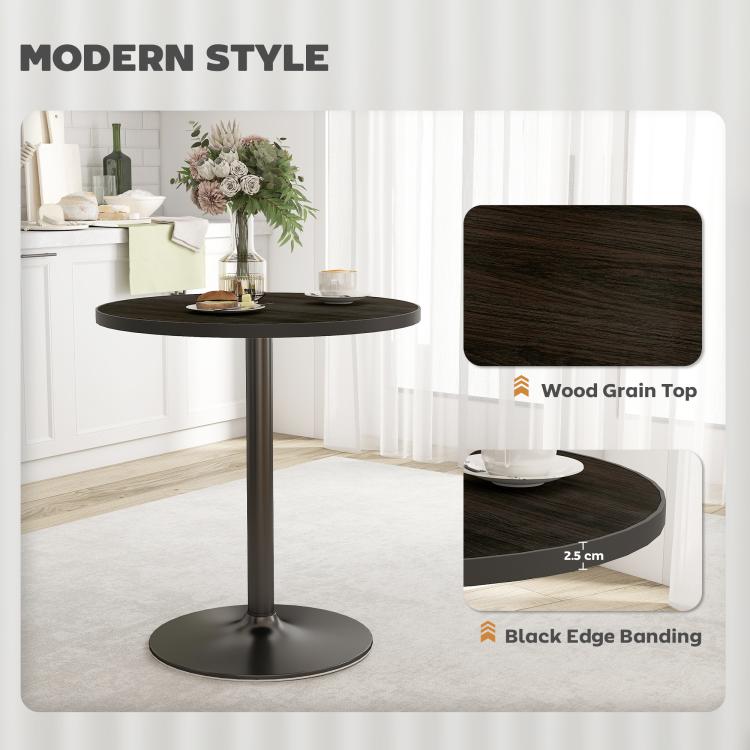 Modern round black wood-grain table with pedestal base, shown with detail inserts