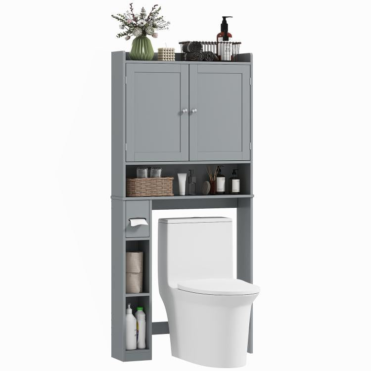 Gray over-the-toilet storage cabinet with 2 doors, open shelves, and toilet paper holder