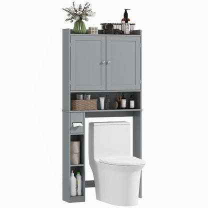 Gray over-the-toilet storage cabinet with 2 doors, open shelves, and toilet paper holder