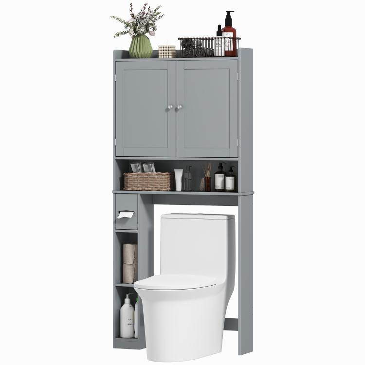 Gray over-the-toilet storage cabinet with 2 doors and open compartment above toilet