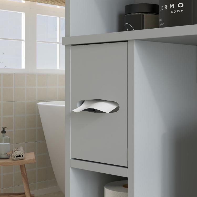Gray over-toilet storage cabinet with two doors and toilet paper holder