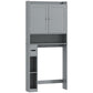 Gray over-toilet storage cabinet with two doors, shelves, and side paper holder