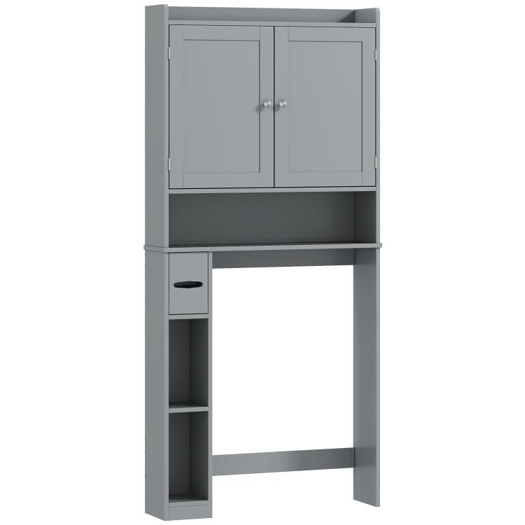 Gray over-toilet storage cabinet with two doors, shelves, and side paper holder