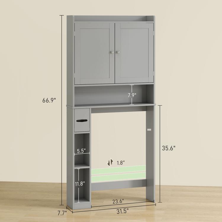 Gray over-the-toilet cabinet with 2 doors and open lower shelf layout