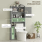 Gray over-the-toilet storage cabinet with open shelves and toilet paper roll cabinet