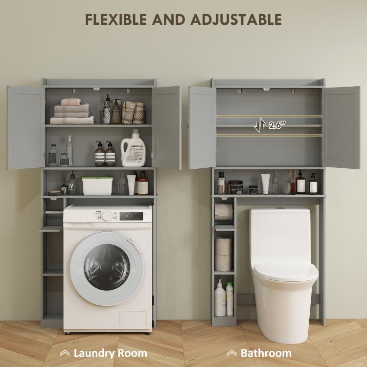 Gray over-the-toilet cabinet with open shelves, toilet paper holder, and toilet