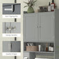 Gray cabinet with double doors, metal hinges, and smooth handle detail