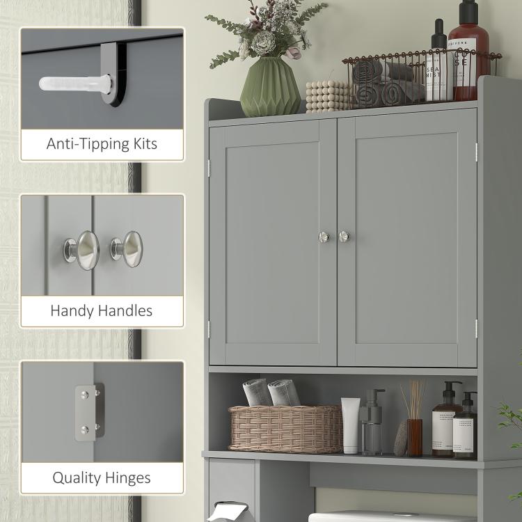 Gray cabinet with double doors, metal hinges, and smooth handle detail