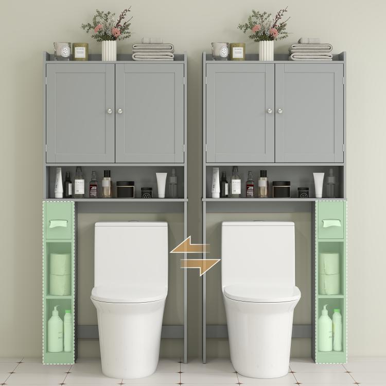 Gray over-the-toilet storage cabinet with two doors and mirrored open shelving