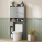 Gray over-the-toilet storage cabinet with open shelves and toilet paper holder