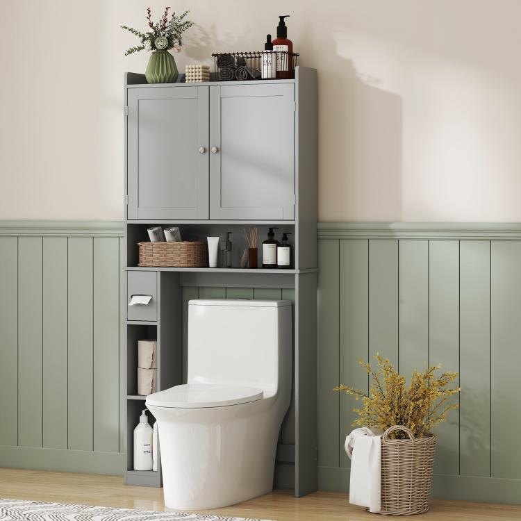 Gray over-the-toilet storage cabinet with open shelves and toilet paper holder