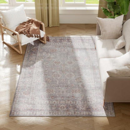 Grey and brown traditional floral area rug with ornate medallion pattern, flat weave look