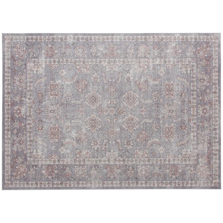 Traditional floral area rug in grey and brown with detailed border pattern.
