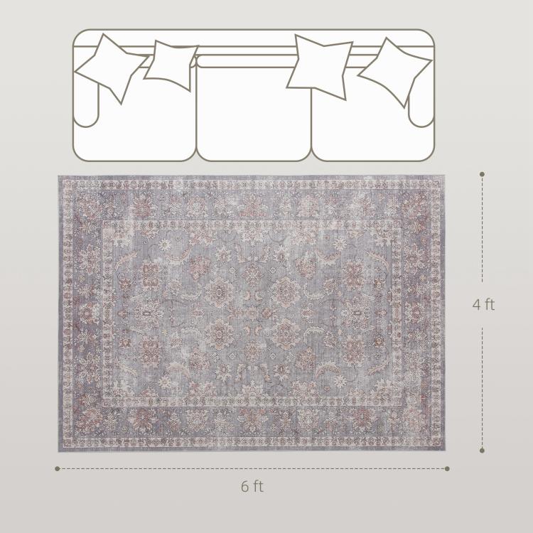 4 ft x 6 ft grey and brown floral area rug with traditional border and medallions