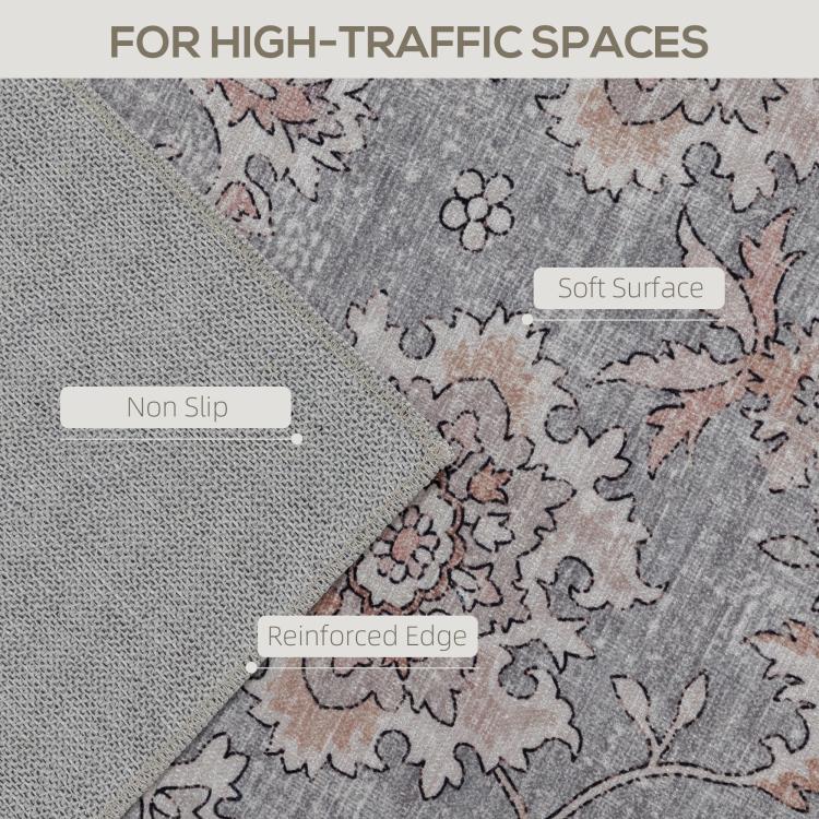 Close-up grey floral area rug texture with non-slip backing and reinforced edge